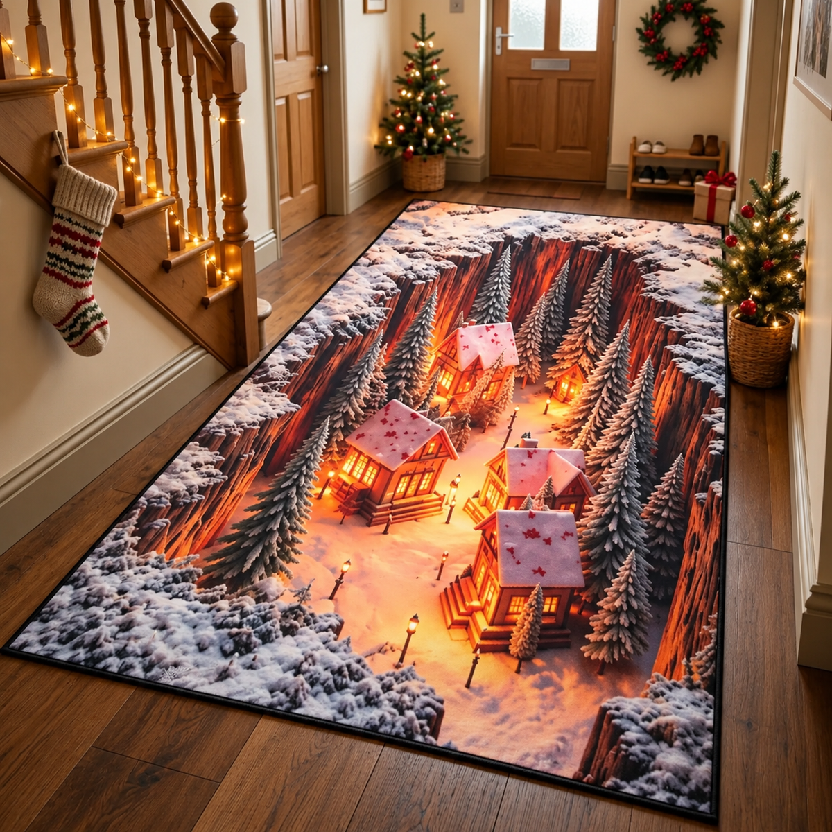 Christmas 3D Illusion Area Rug – Festive Holiday Floor Mat for Entryway, Hallway & Living Room
